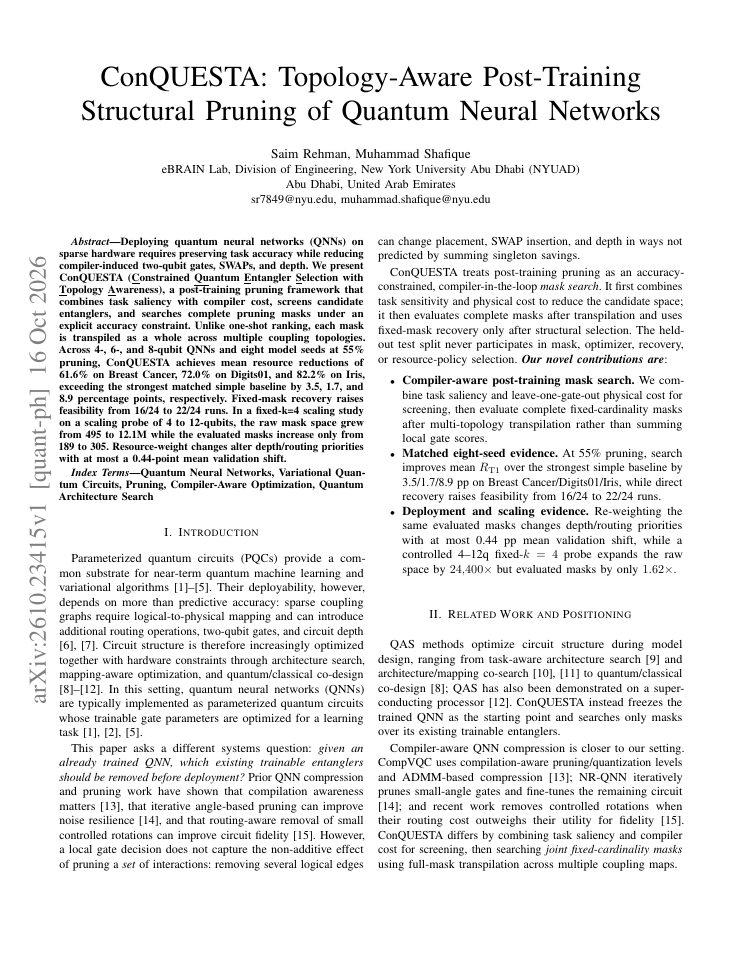 First page of ConQUESTA: Topology-Aware Post-Training Structural Pruning of Quantum Neural Networks