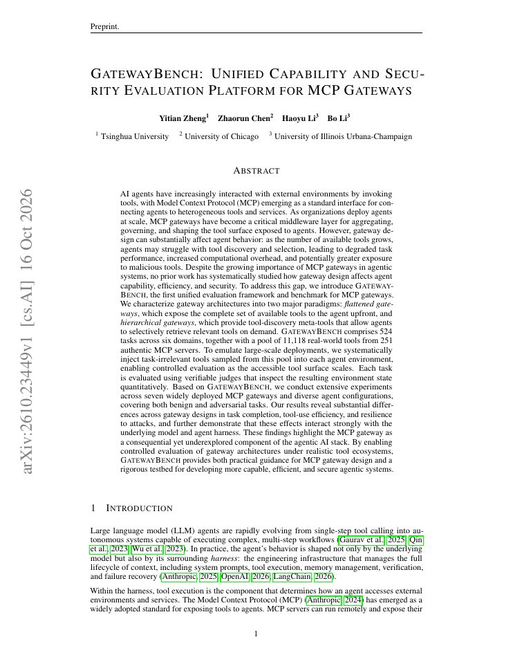 First page of GatewayBench: Unified Capability and Security Evaluation Platform for MCP Gateways