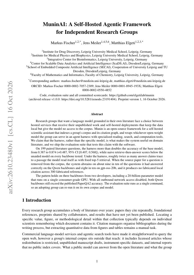 First page of MuninAI: A Self-Hosted Agentic Framework for Independent Research Groups