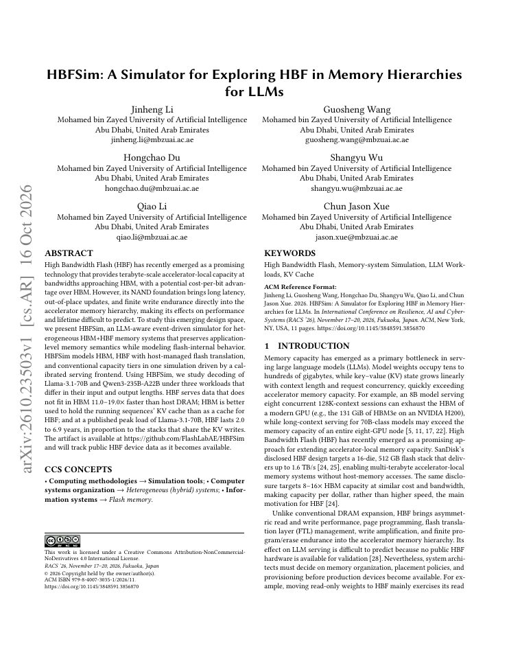 First page of HBFSim: A Simulator for Exploring HBF in Memory Hierarchies for LLMs