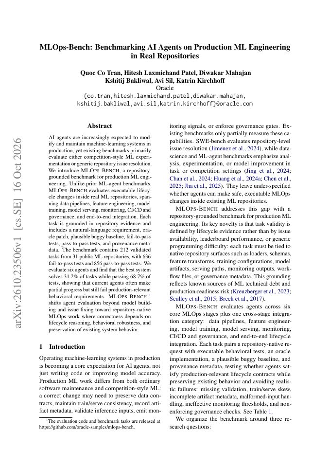 First page of MLOps-Bench: Benchmarking AI Agents on Production ML Engineering in Real Repositories