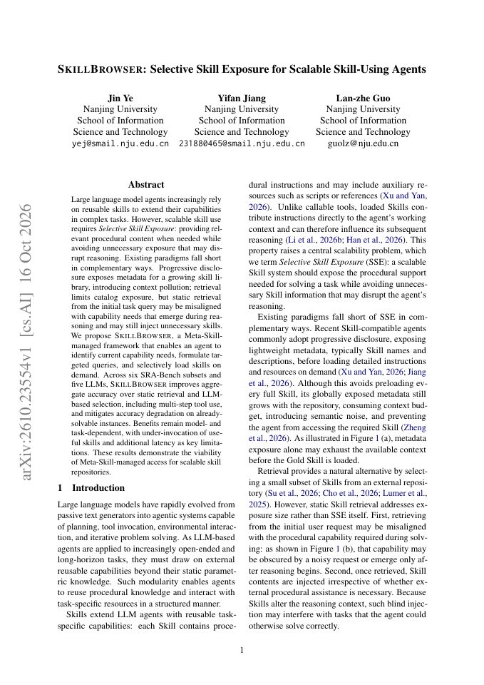 First page of SkillBrowser: Selective Skill Exposure for Scalable Skill-Using Agents