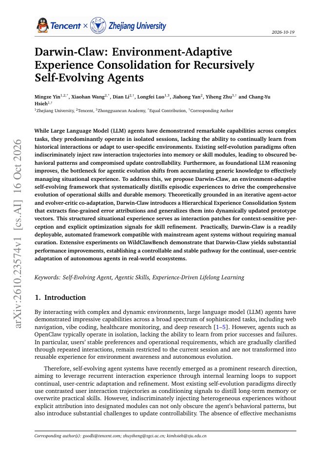First page of Darwin-Claw: Environment-Adaptive Experience Consolidation for Recursively Self-Evolving Agents