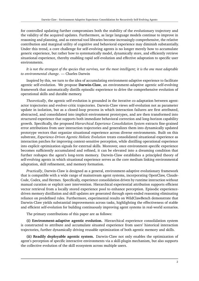Page 2 of Darwin-Claw: Environment-Adaptive Experience Consolidation for Recursively Self-Evolving Agents