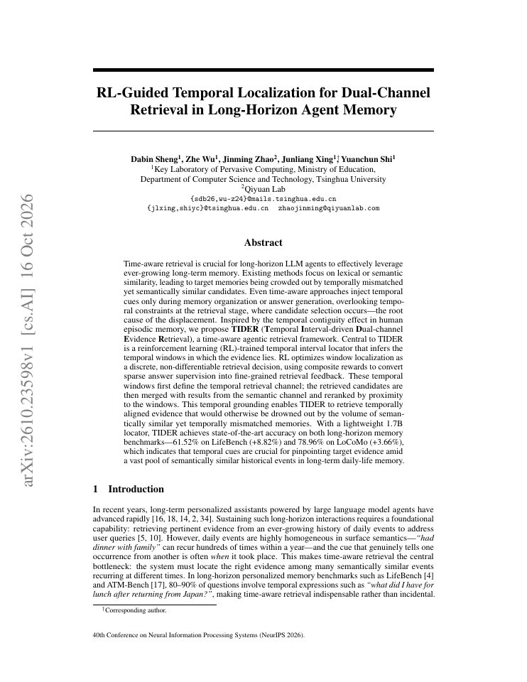 First page of RL-Guided Temporal Localization for Dual-Channel Retrieval in Long-Horizon Agent Memory