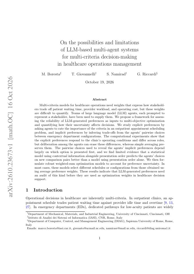 First page of On the possibilities and limitations of LLM-based multi-agent systems for multi-criteria decision-making in healthcare operations management