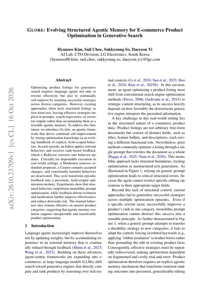 First page of GLOBE: Evolving Structured Agentic Memory for E-commerce Product Optimization in Generative Search