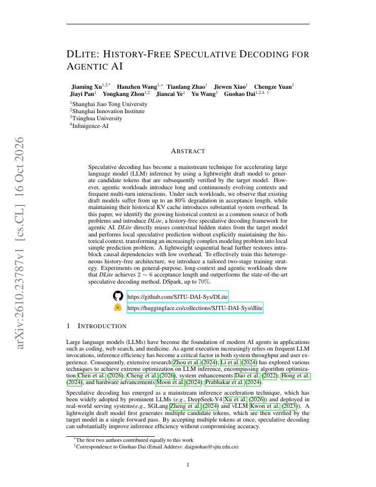 First page of DLite: History-free Speculative Decoding for Agentic AI