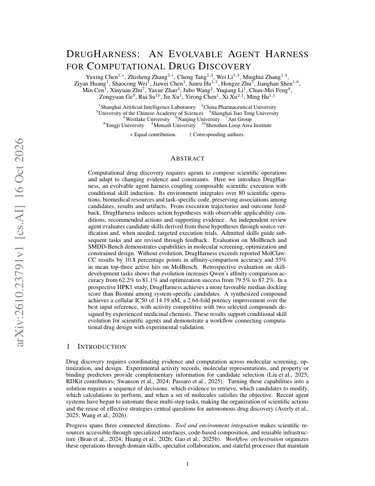 First page of DrugHarness: An Evolvable Agent Harness for Computational Drug Discovery