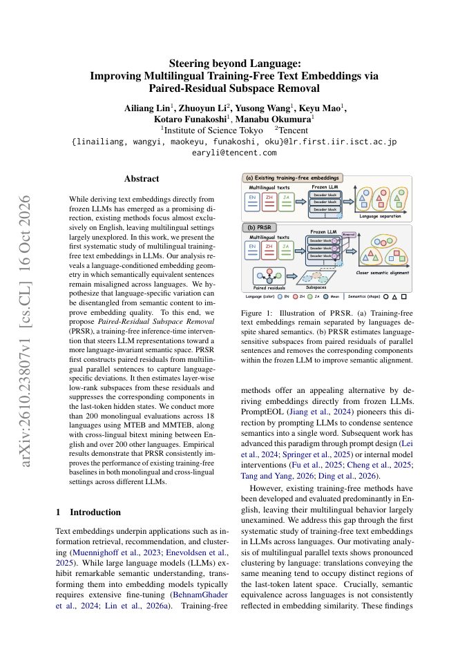First page of Steering beyond Language: Improving Multilingual Training-Free Text Embeddings via Paired-Residual Subspace Removal