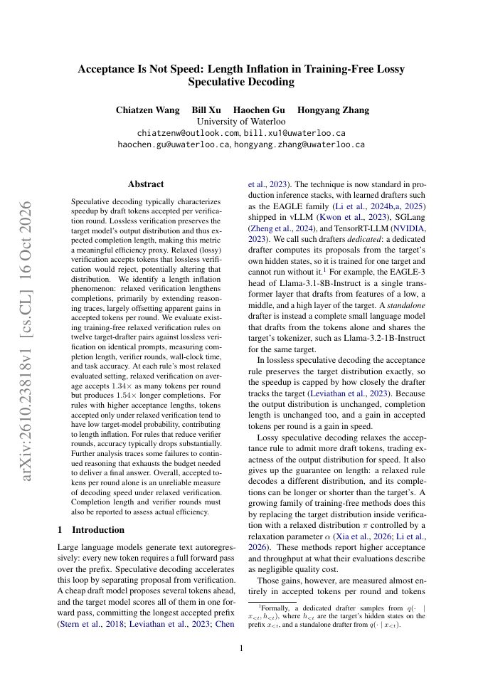 First page of Acceptance Is Not Speed: Length Inflation in Training-Free Lossy Speculative Decoding