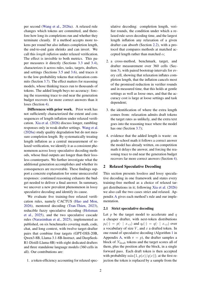 Page 2 of Acceptance Is Not Speed: Length Inflation in Training-Free Lossy Speculative Decoding