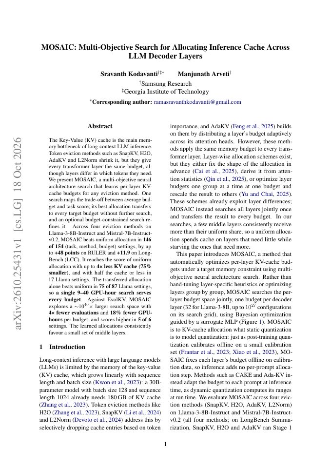 First page of MOSAIC: Multi-Objective Search for Allocating Inference Cache Across LLM Decoder Layers