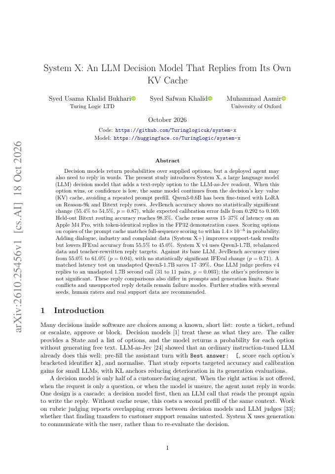 First page of System X: An LLM Decision Model That Replies from Its Own KV Cache
