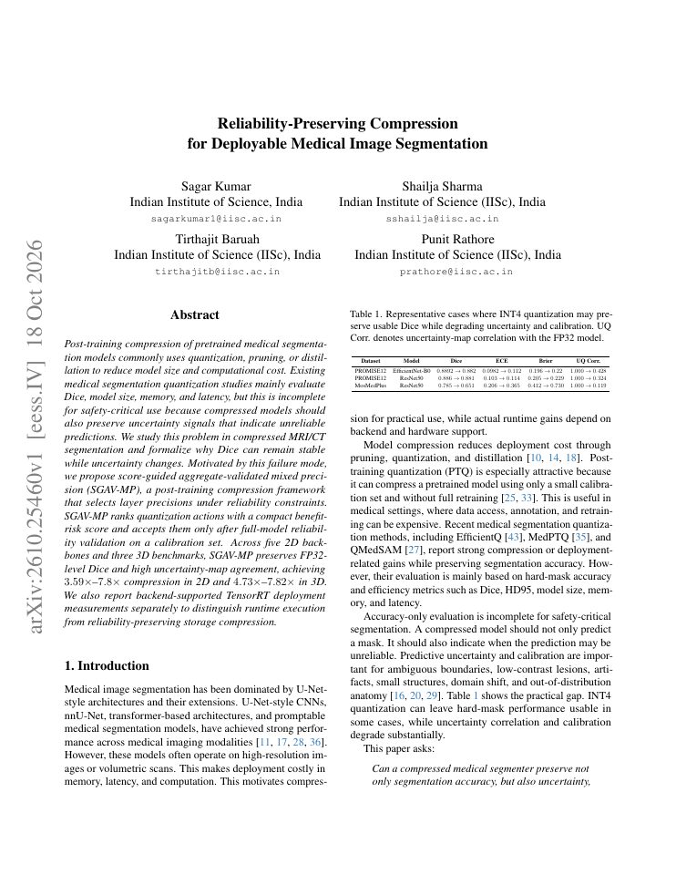 First page of Reliability-Preserving Compression for Deployable Medical Image Segmentation