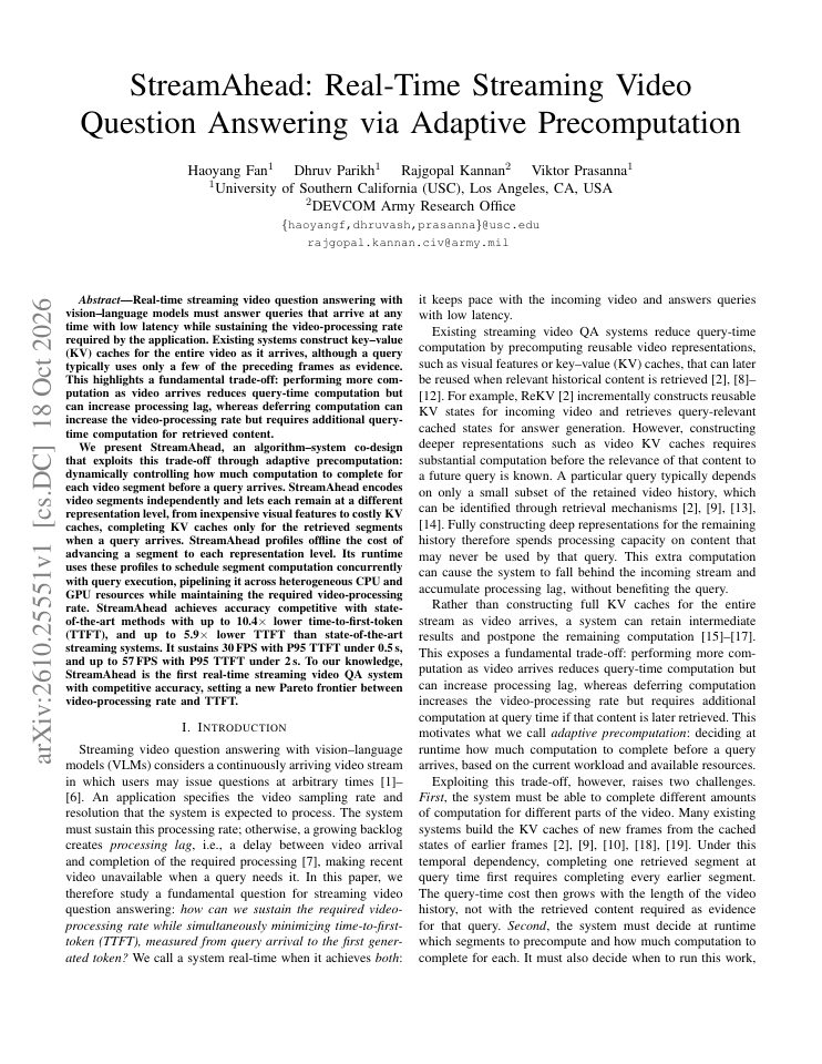 First page of StreamAhead: Real-Time Streaming Video Question Answering via Adaptive Precomputation