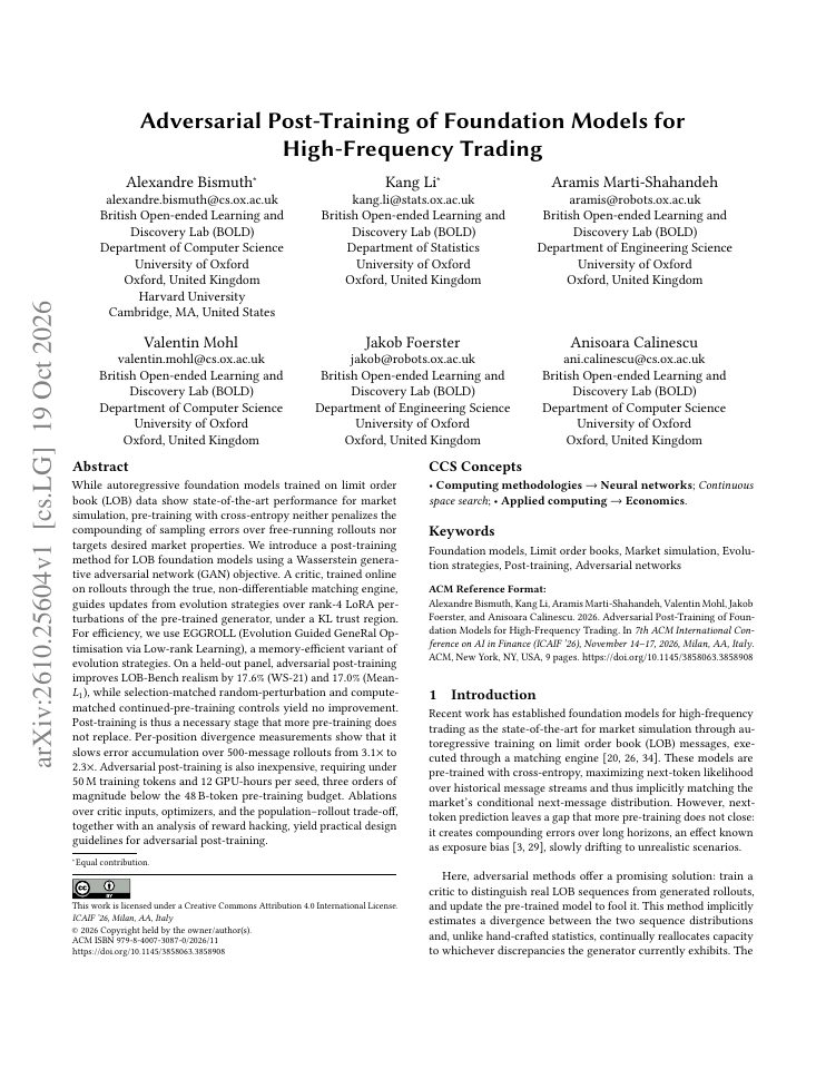 First page of Adversarial Post-Training of Foundation Models for High-Frequency Trading