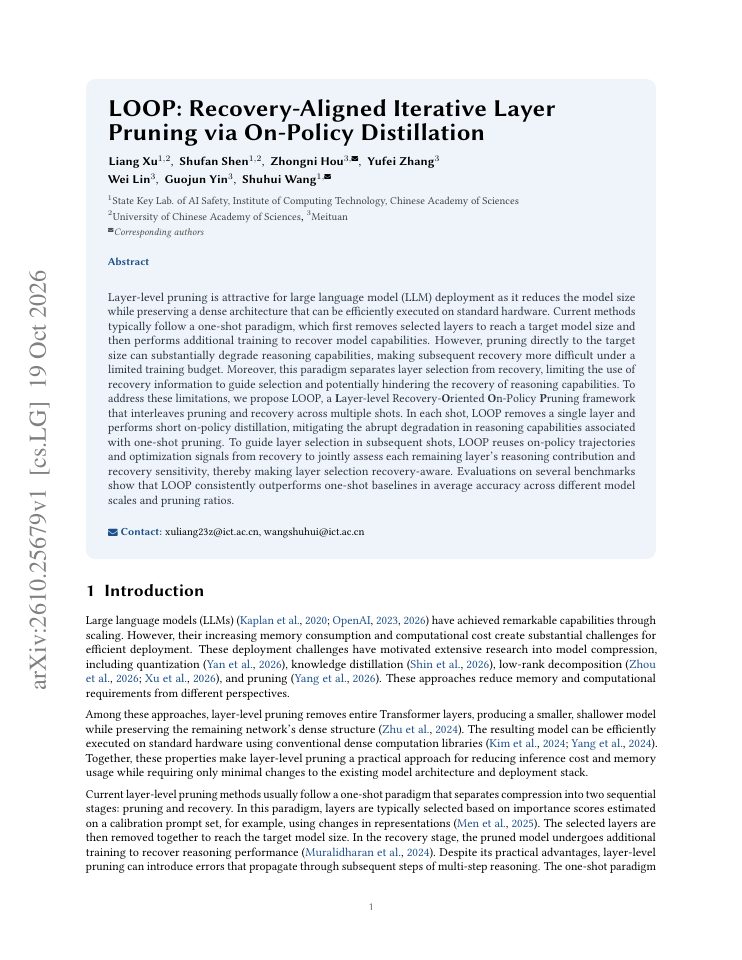 First page of LOOP: Recovery-Aligned Iterative Layer Pruning via On-Policy Distillation