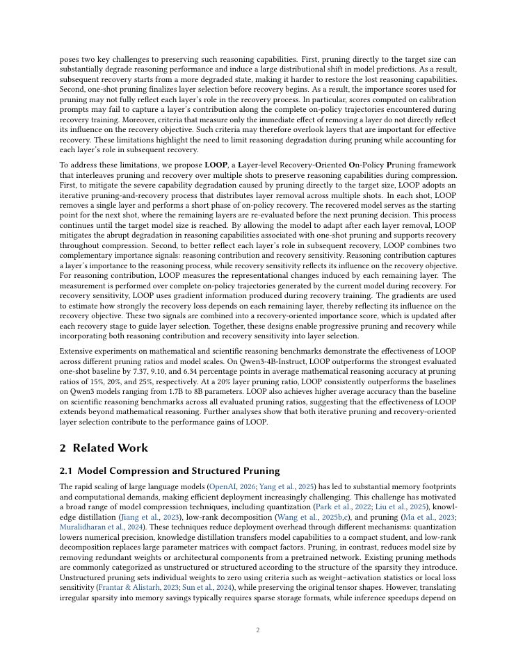 Page 2 of LOOP: Recovery-Aligned Iterative Layer Pruning via On-Policy Distillation