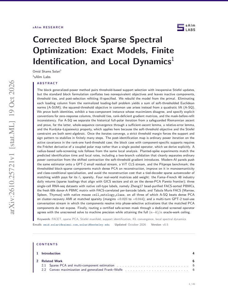 First page of Corrected Block Sparse Spectral Optimization: Exact Models, Finite Identification, and Local Dynamics