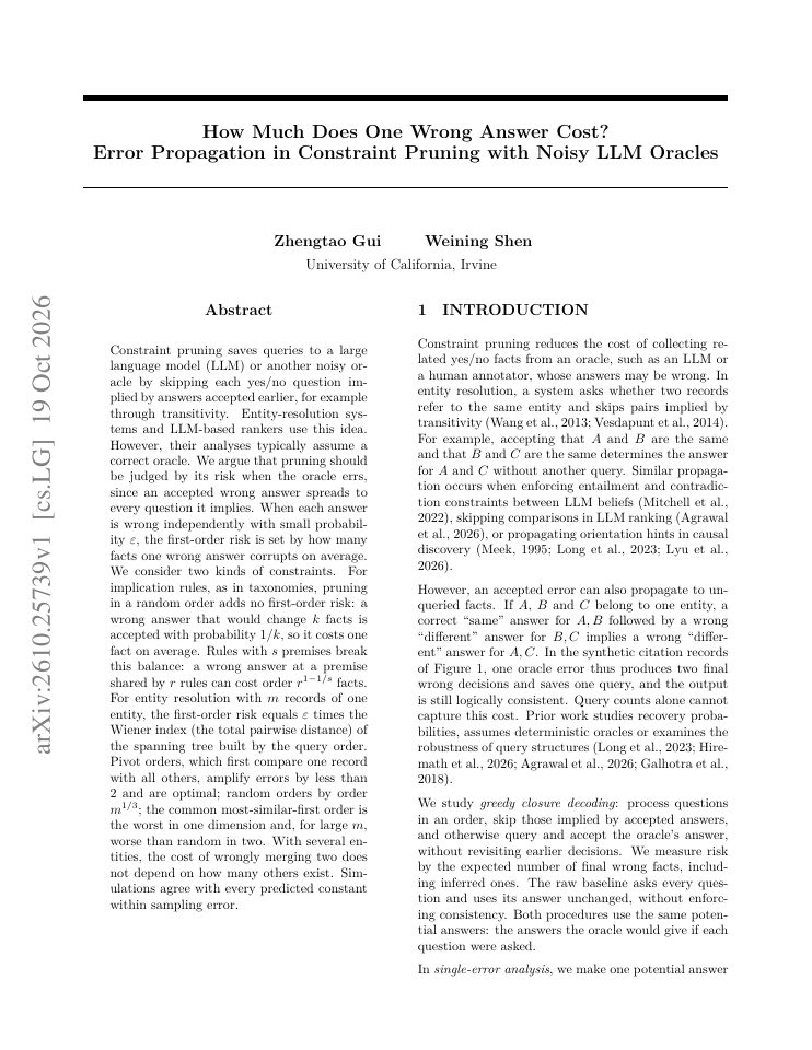 First page of How Much Does One Wrong Answer Cost? Error Propagation in Constraint Pruning with Noisy LLM Oracles