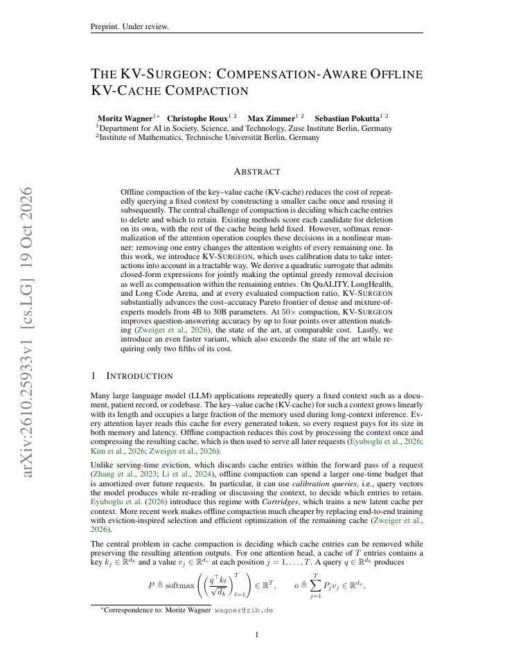 First page of The KV-Surgeon: Compensation-Aware Offline KV-Cache Compaction