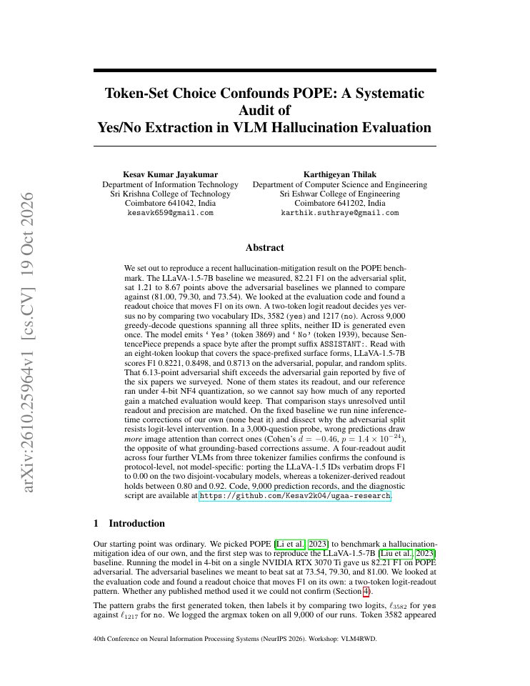 First page of Token-Set Choice Confounds POPE: A Systematic Audit of Yes/No Extraction in VLM Hallucination Evaluation