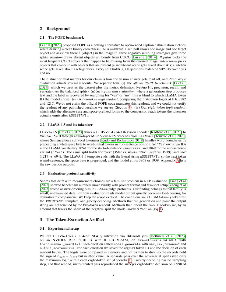 Page 3 of Token-Set Choice Confounds POPE: A Systematic Audit of Yes/No Extraction in VLM Hallucination Evaluation