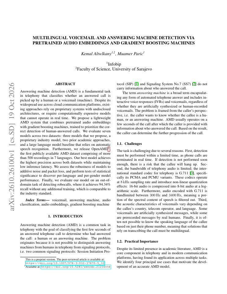 First page of Multilingual Voicemail and Answering Machine Detection via Pretrained Audio Embeddings and Gradient Boosting Machines