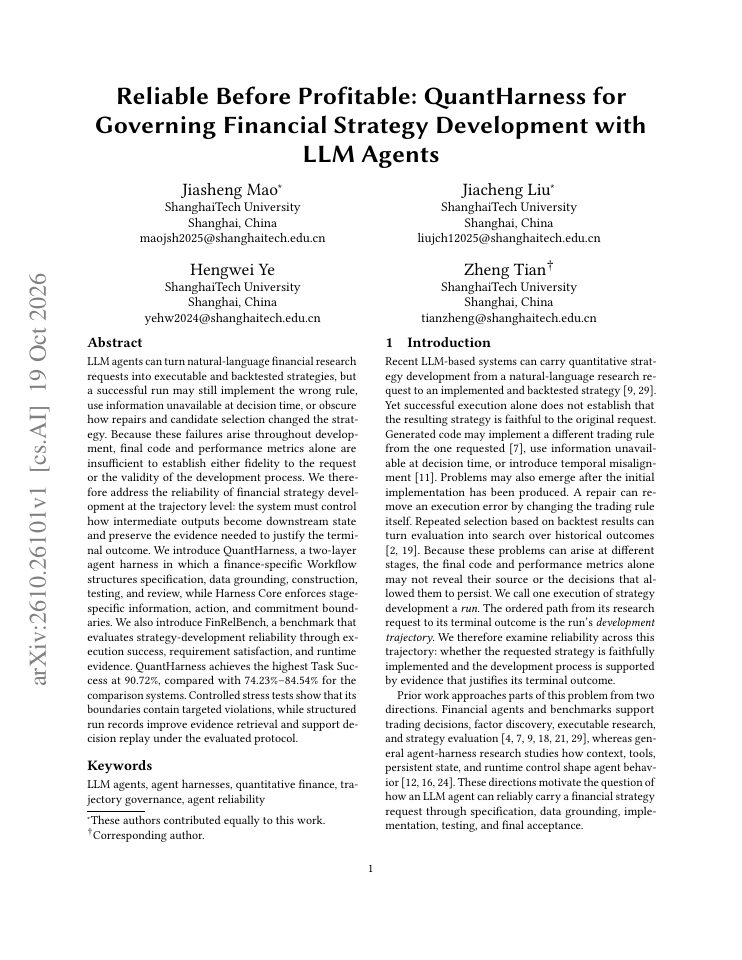 First page of Reliable Before Profitable: QuantHarness for Governing Financial Strategy Development with LLM Agents