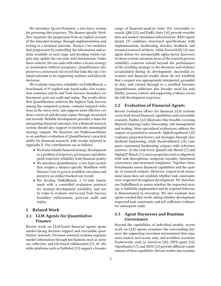 Page 2 of Reliable Before Profitable: QuantHarness for Governing Financial Strategy Development with LLM Agents
