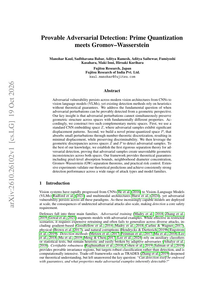 First page of Provable Adversarial Detection: Prime Quantization meets Gromov--Wasserstein