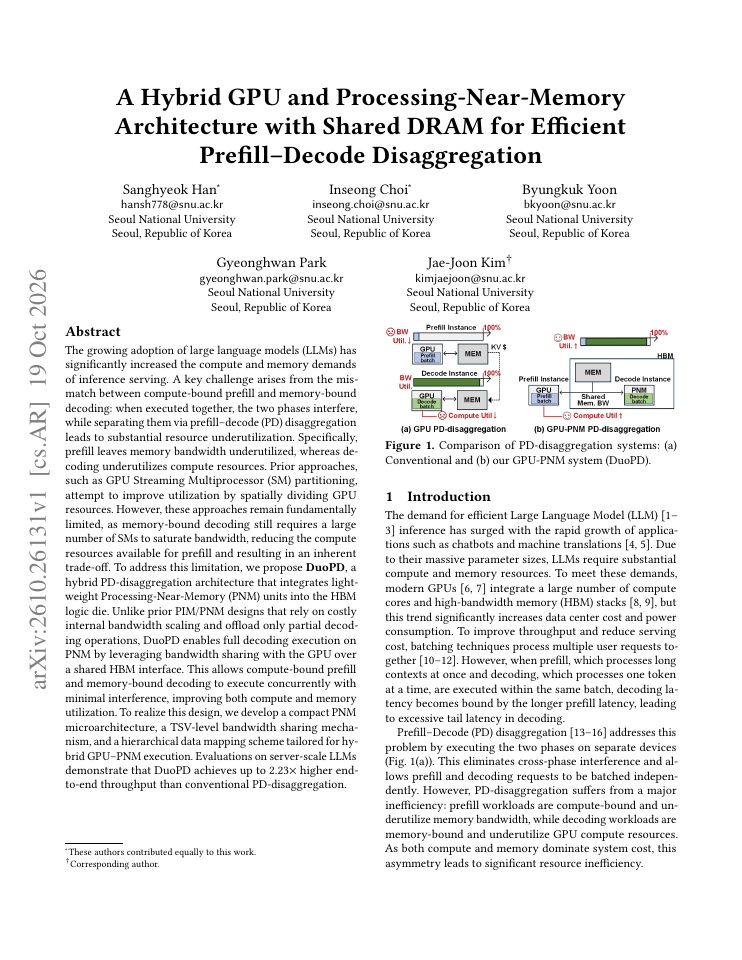 First page of A Hybrid GPU and Processing-Near-Memory Architecture with Shared DRAM for Efficient Prefill-Decode Disaggregation