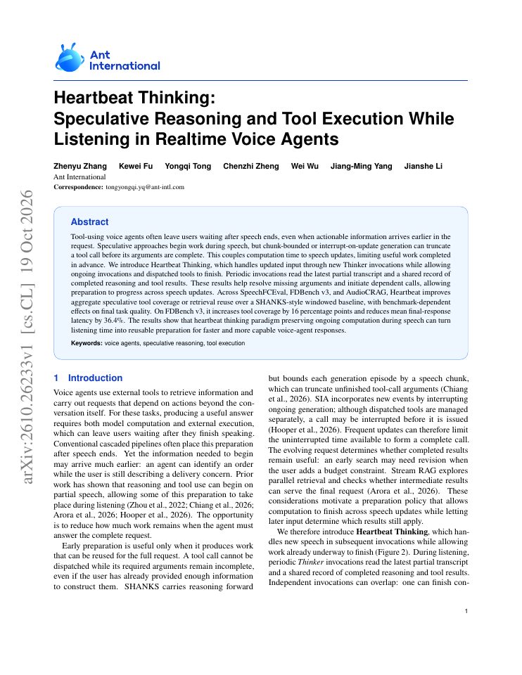 First page of Heartbeat Thinking: Speculative Reasoning and Tool Execution While Listening in Realtime Voice Agents