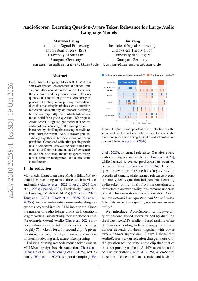 First page of AudioScorer: Learning Question-Aware Token Relevance for Large Audio Language Models