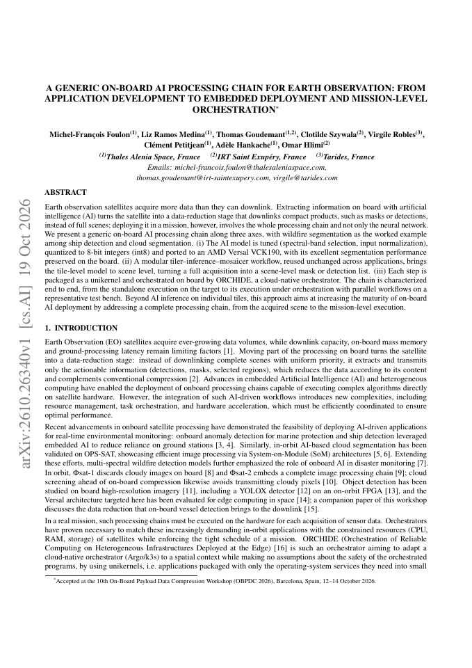 First page of A Generic On-Board AI Processing Chain for Earth Observation: From Application Development to Embedded Deployment and Mission-Level Orchestration