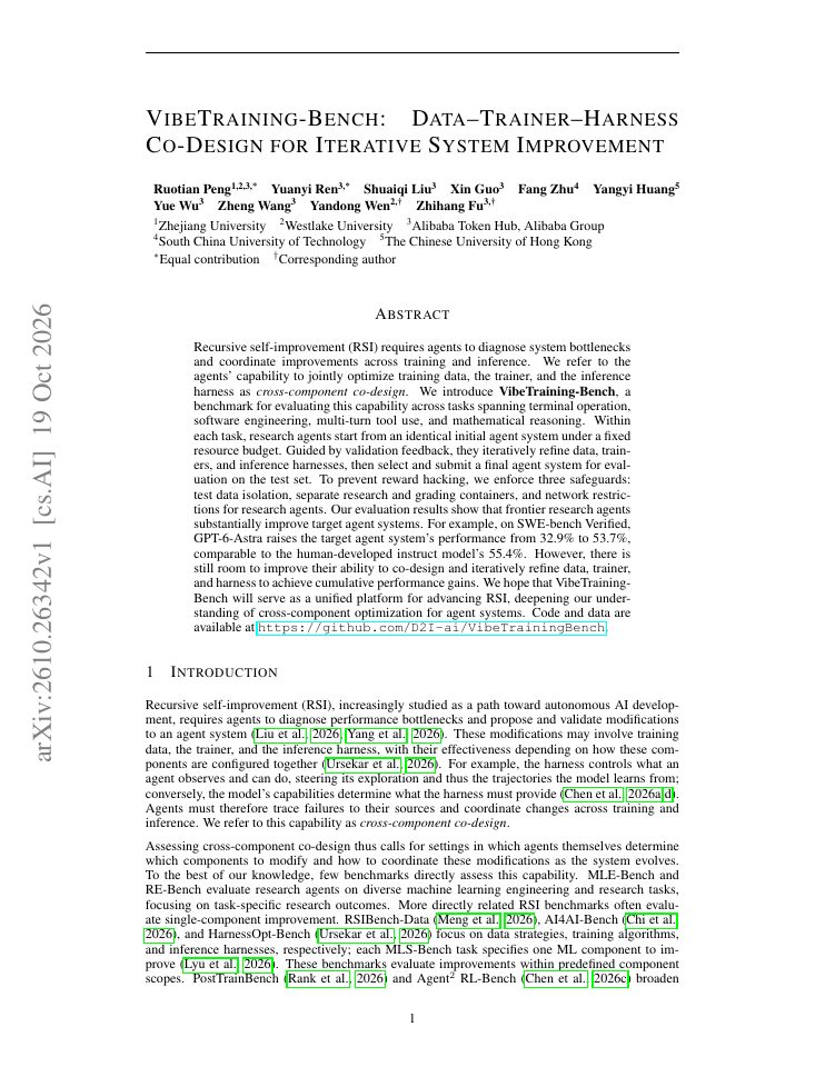 First page of VibeTraining-Bench: Data-Trainer-Harness Co-Design for Iterative System Improvement