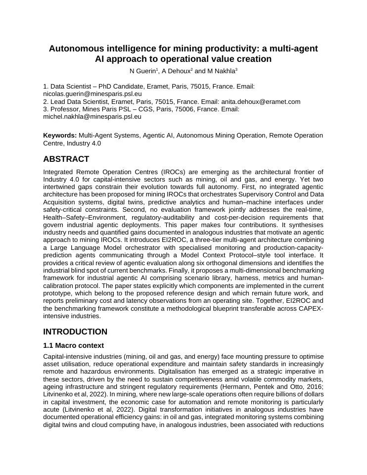 First page of Autonomous intelligence for mining productivity: a multi-agent AI approach to operational value creation