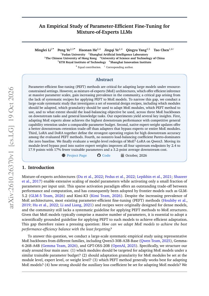 First page of An Empirical Study of Parameter-Efficient Fine-Tuning for Mixture-of-Experts LLMs