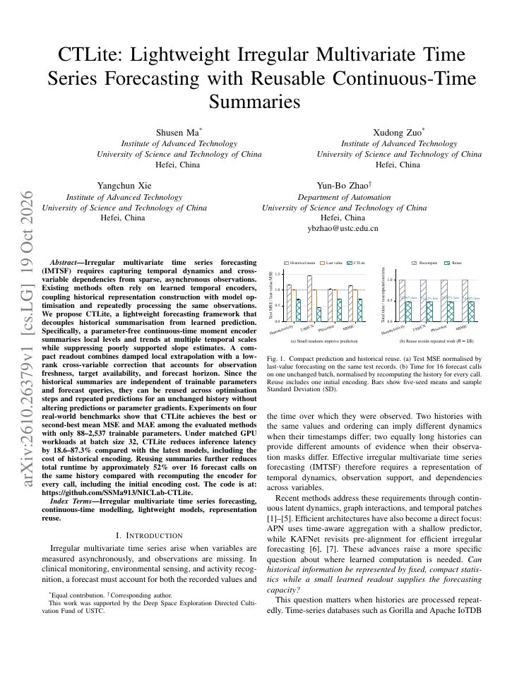 First page of CTLite: Lightweight Irregular Multivariate Time Series Forecasting with Reusable Continuous-Time Summaries