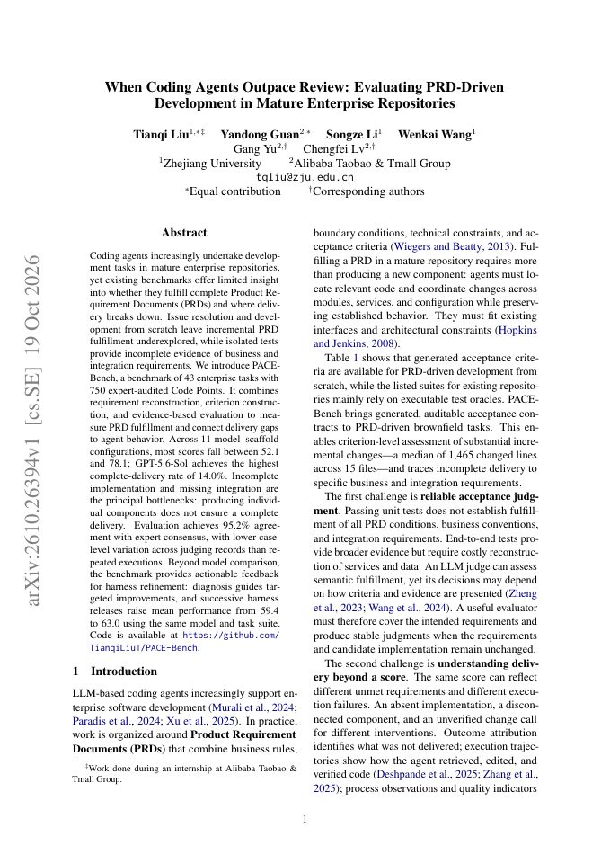 First page of When Coding Agents Outpace Review: Evaluating PRD-Driven Development in Mature Enterprise Repositories