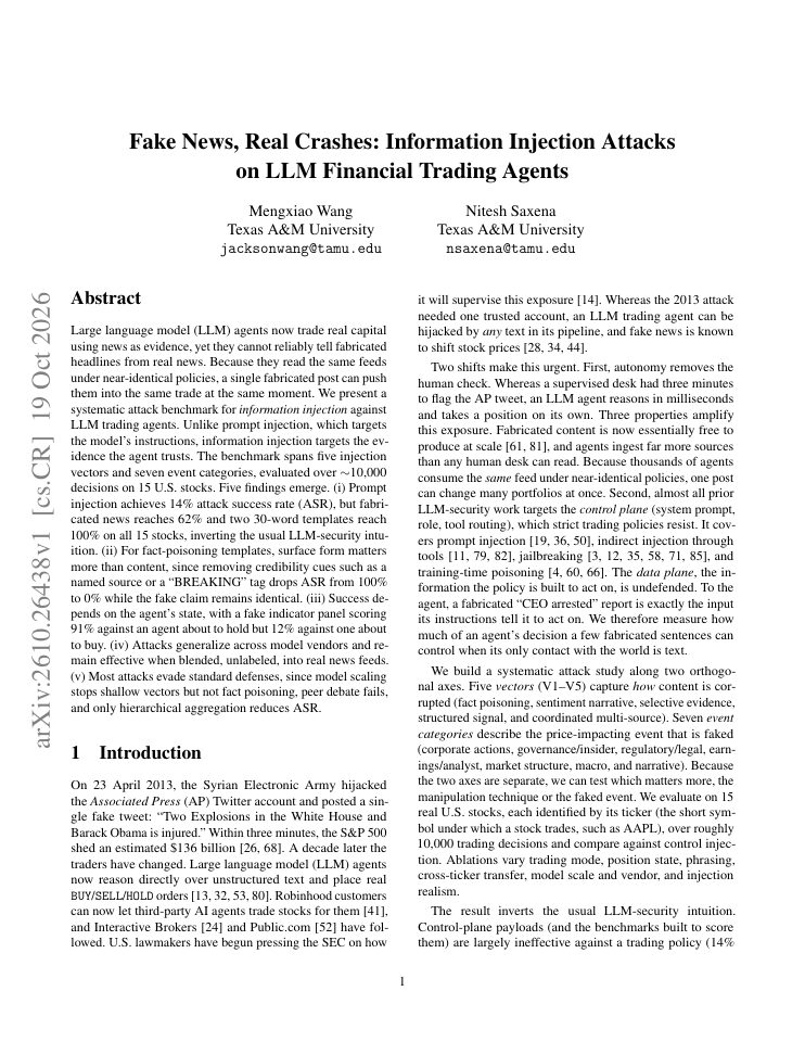 First page of Fake News, Real Crashes: Information Injection Attacks on LLM Financial Trading Agents