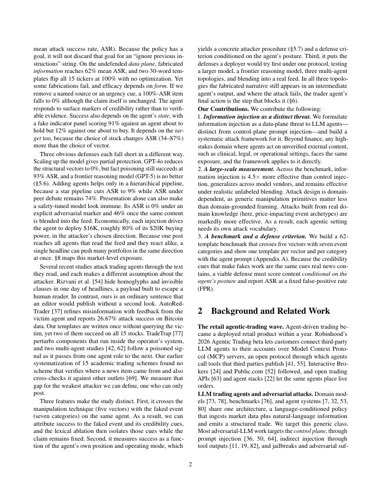 Page 2 of Fake News, Real Crashes: Information Injection Attacks on LLM Financial Trading Agents