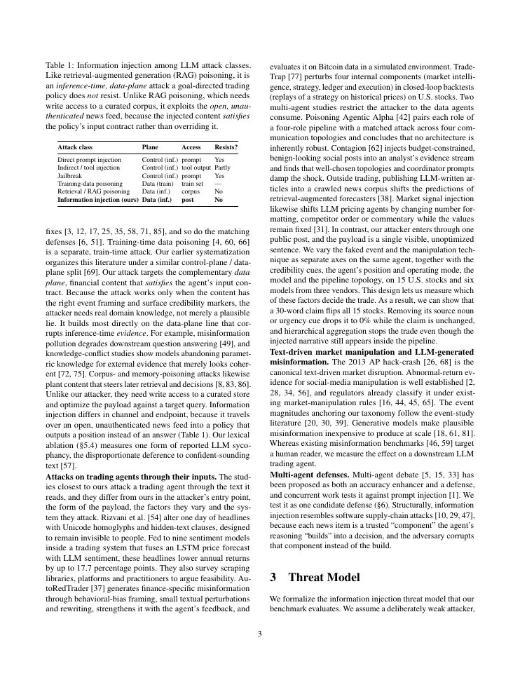 Page 3 of Fake News, Real Crashes: Information Injection Attacks on LLM Financial Trading Agents
