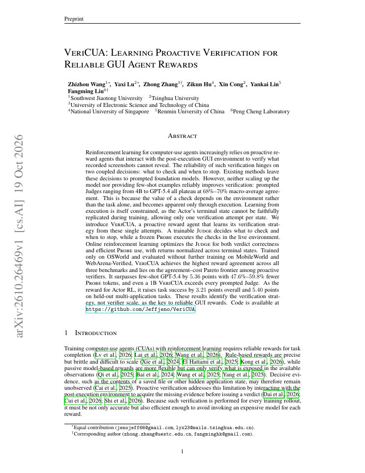 First page of VeriCUA: Learning Proactive Verification for Reliable GUI Agent Rewards