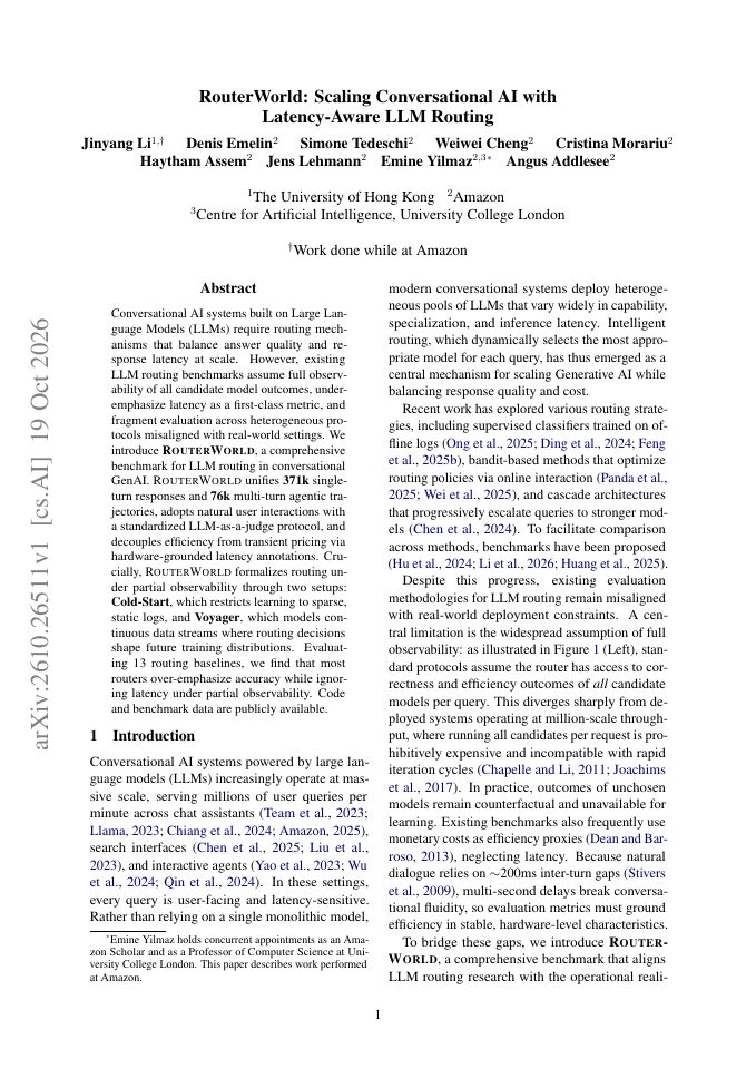 First page of RouterWorld: Scaling Conversational AI with Latency-Aware LLM Routing