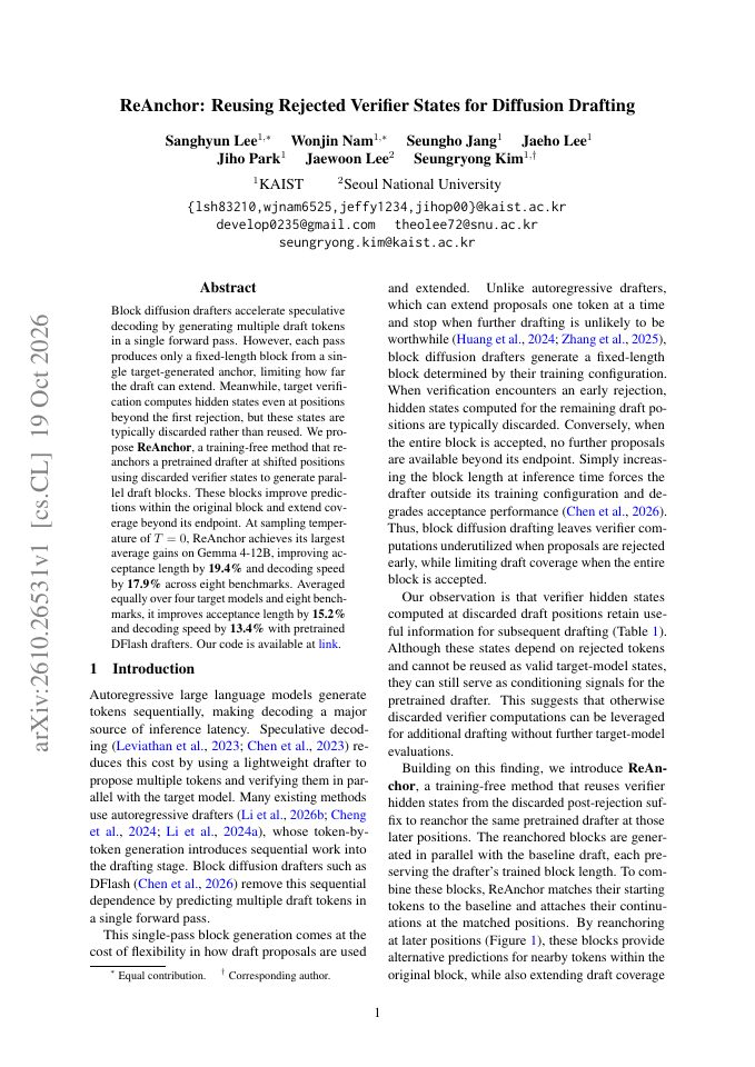 First page of ReAnchor: Reusing Rejected Verifier States for Diffusion Drafting