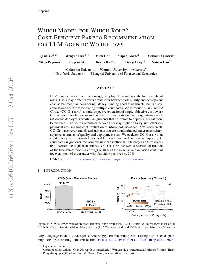 First page of Which Model for Which Role? Cost-Efficient Pareto Recommendation for LLM Agentic Workflows
