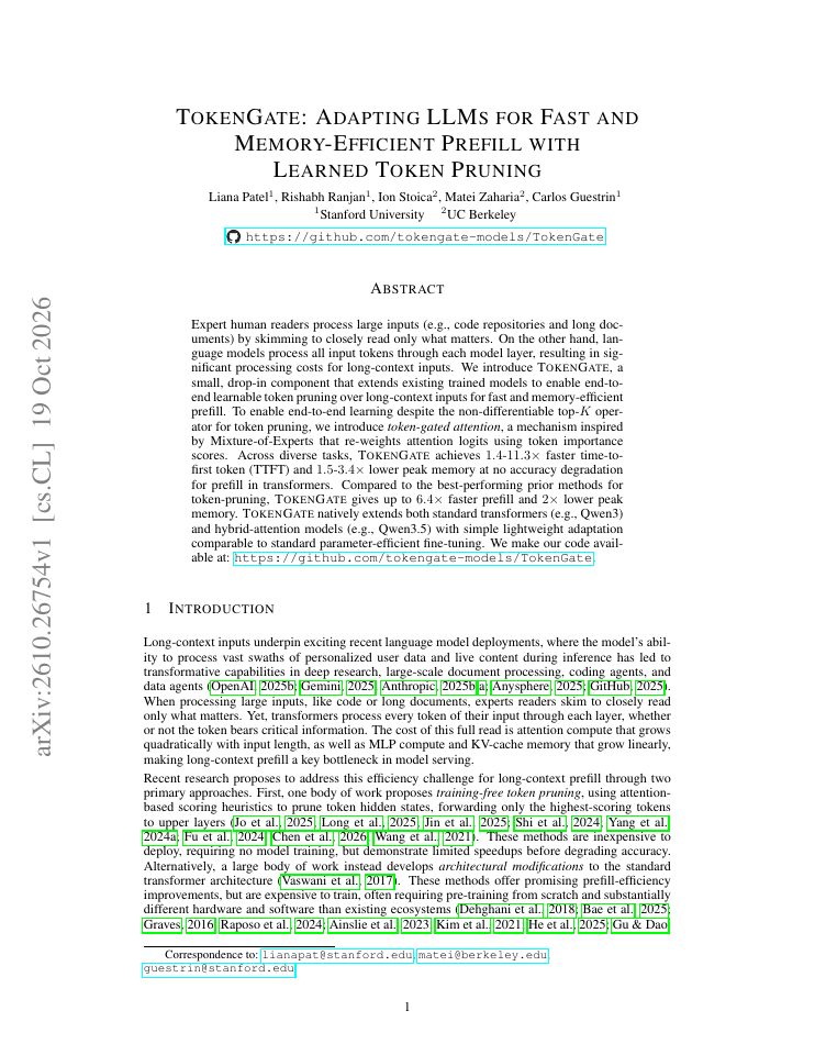 First page of TokenGate: Adapting LLMs for Fast and Memory-Efficient Prefill with Learned Token Pruning