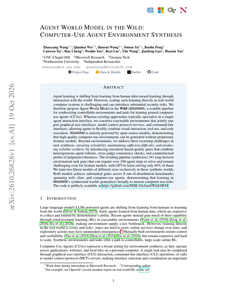 First page of Agent World Model in the Wild: Computer-Use Agent Environment Synthesis